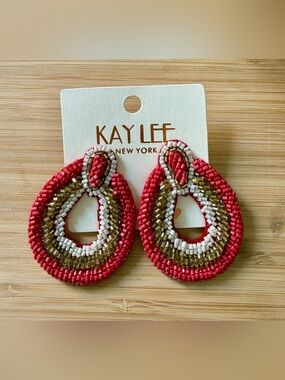 NWT Kay Lee New York Beaded Teardrop Statement Earrings - Red & Gold